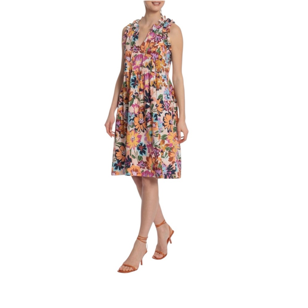 Maggy London Sleeveless Tropical Floral Dress Ruffle V-Neck Sz 14 Feminine Chic